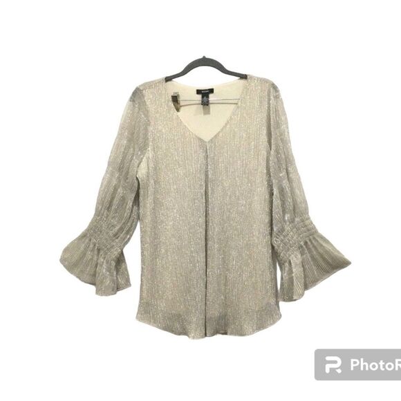 Alfani  V-neck shimmery silver top fully lined body sheer Victorian Sleev… - Picture 2 of 6